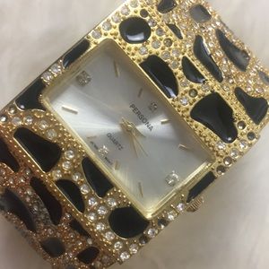 cheetah print bejeweled cuff bangle bracelet watch